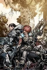 Art from the Gears of War comic. Alex Brand, a red-haired woman, and ...